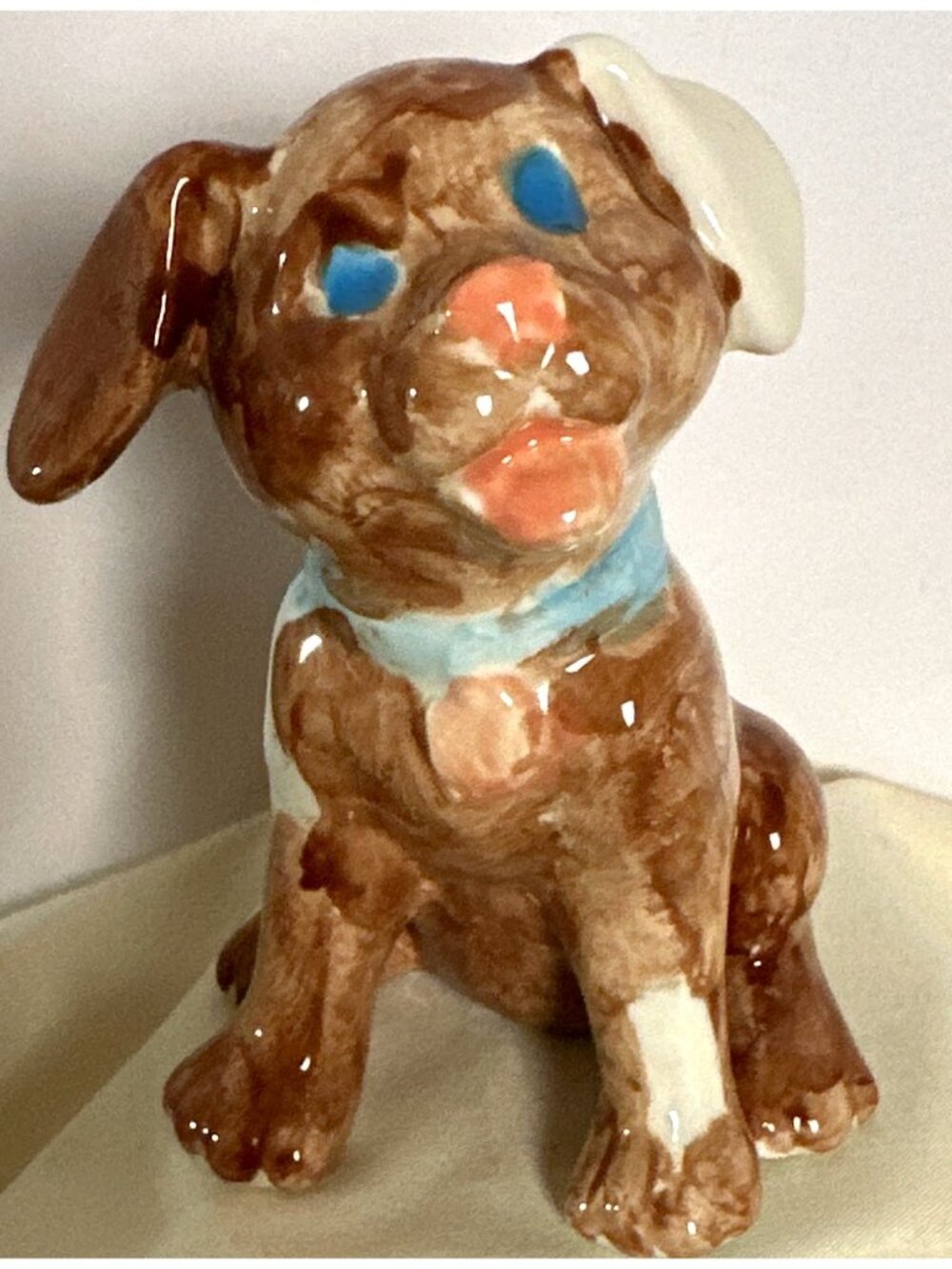 Vintage Brown Puppy Dog Ceramic Figurine Hand Painted White Spots Blue Eyes